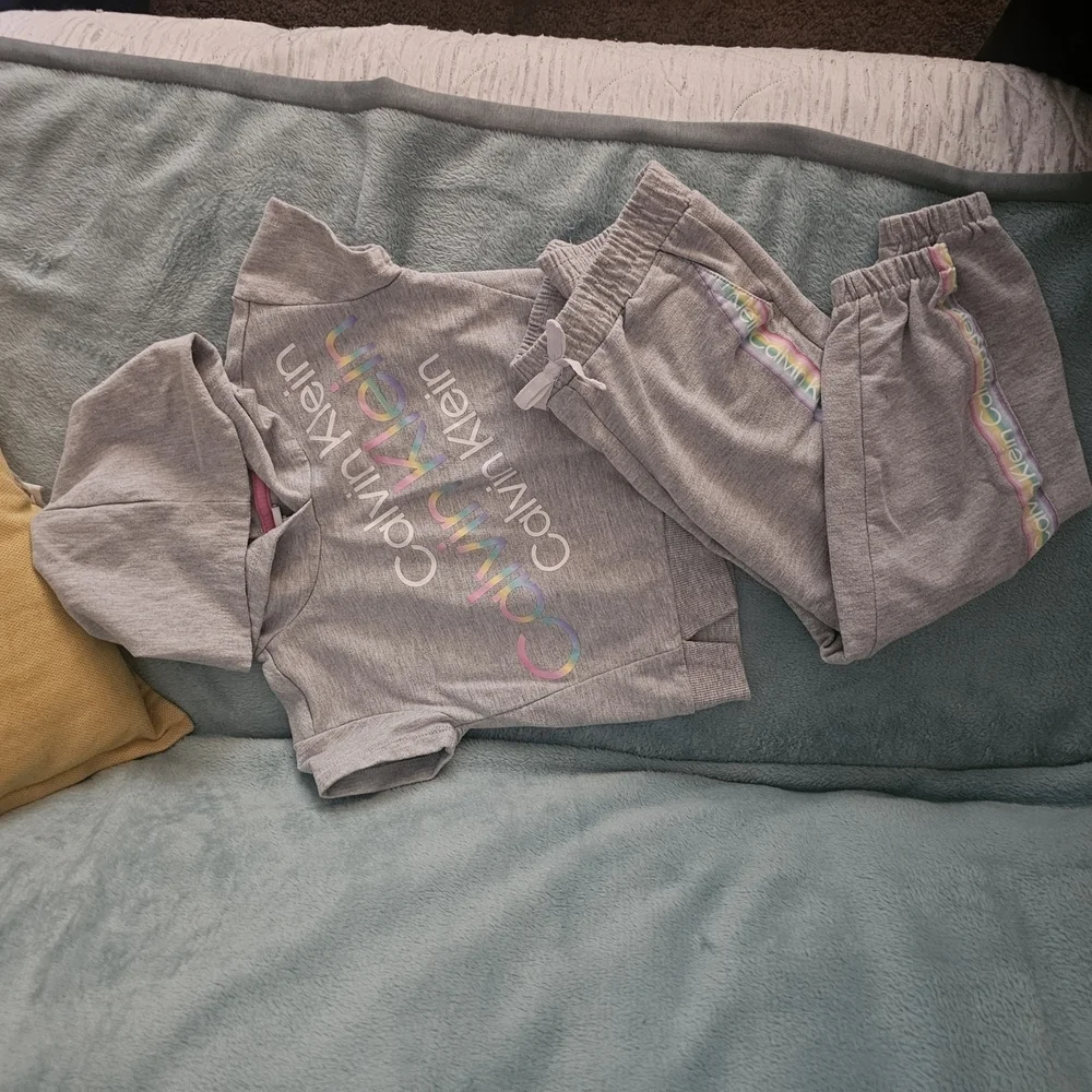Calvin Klein Gray and Pink Short Sleeve Jogger Set with Rainbow Detail